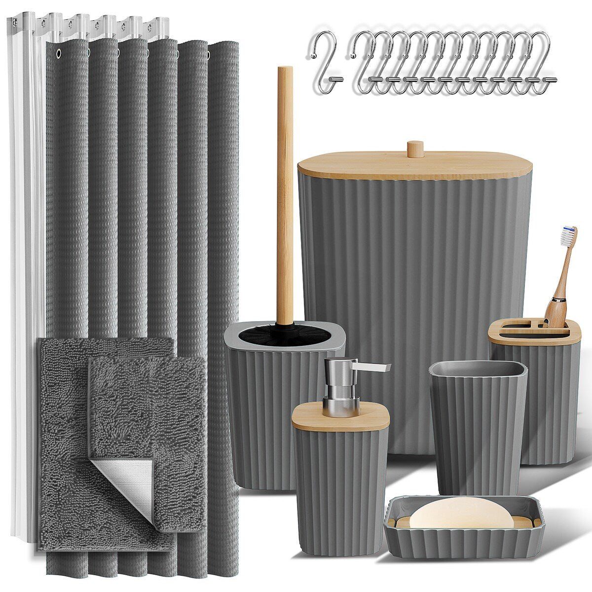 Clara Clark Bamboo Bathroom Accessories Set with Shower Curtain Set, Toilet Brush, Trash Can & Soap Dispenser
