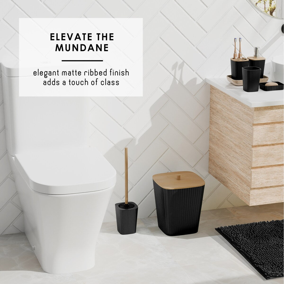 Clara Clark Bamboo Bathroom Accessories Set with Shower Curtain Set, Toilet Brush, Trash Can & Soap Dispenser