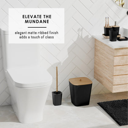 Clara Clark Bamboo Bathroom Accessories Set with Shower Curtain Set, Toilet Brush, Trash Can & Soap Dispenser