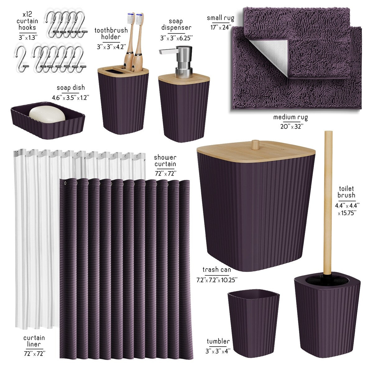 Clara Clark Bamboo Bathroom Accessories Set with Shower Curtain Set, Toilet Brush, Trash Can & Soap Dispenser
