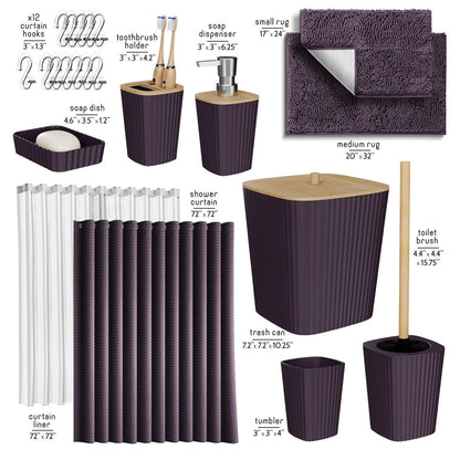 Clara Clark Bamboo Bathroom Accessories Set with Shower Curtain Set, Toilet Brush, Trash Can & Soap Dispenser