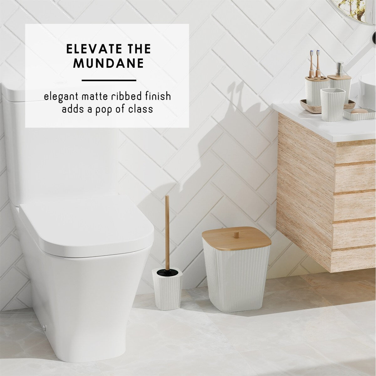 Clara Clark Bamboo Bathroom Accessories Set with Shower Curtain Set, Toilet Brush, Trash Can & Soap Dispenser