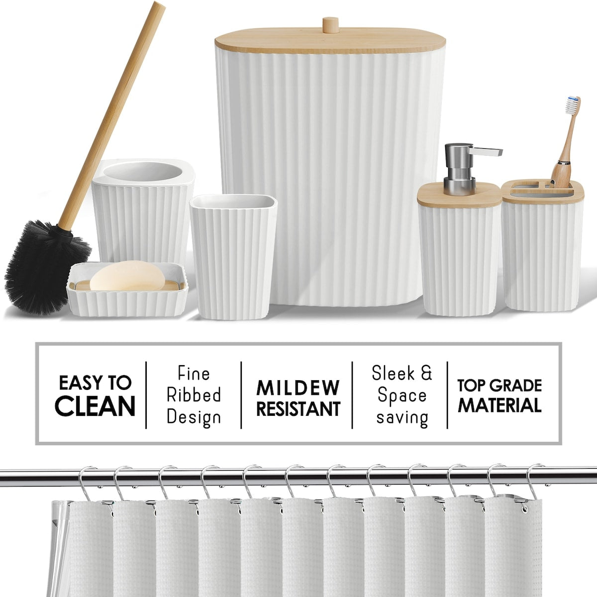 Clara Clark Bamboo Bathroom Accessories Set with Shower Curtain Set, Toilet Brush, Trash Can & Soap Dispenser