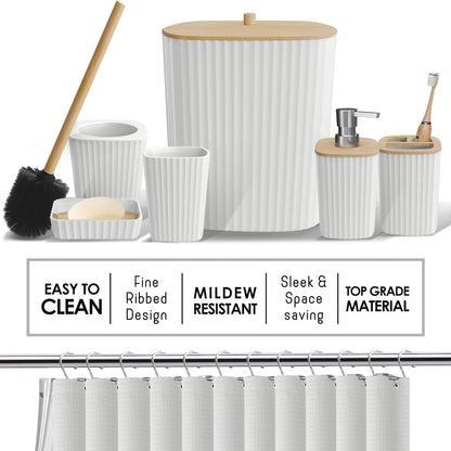 Clara Clark Bamboo Bathroom Accessories Set with Shower Curtain Set, Toilet Brush, Trash Can & Soap Dispenser