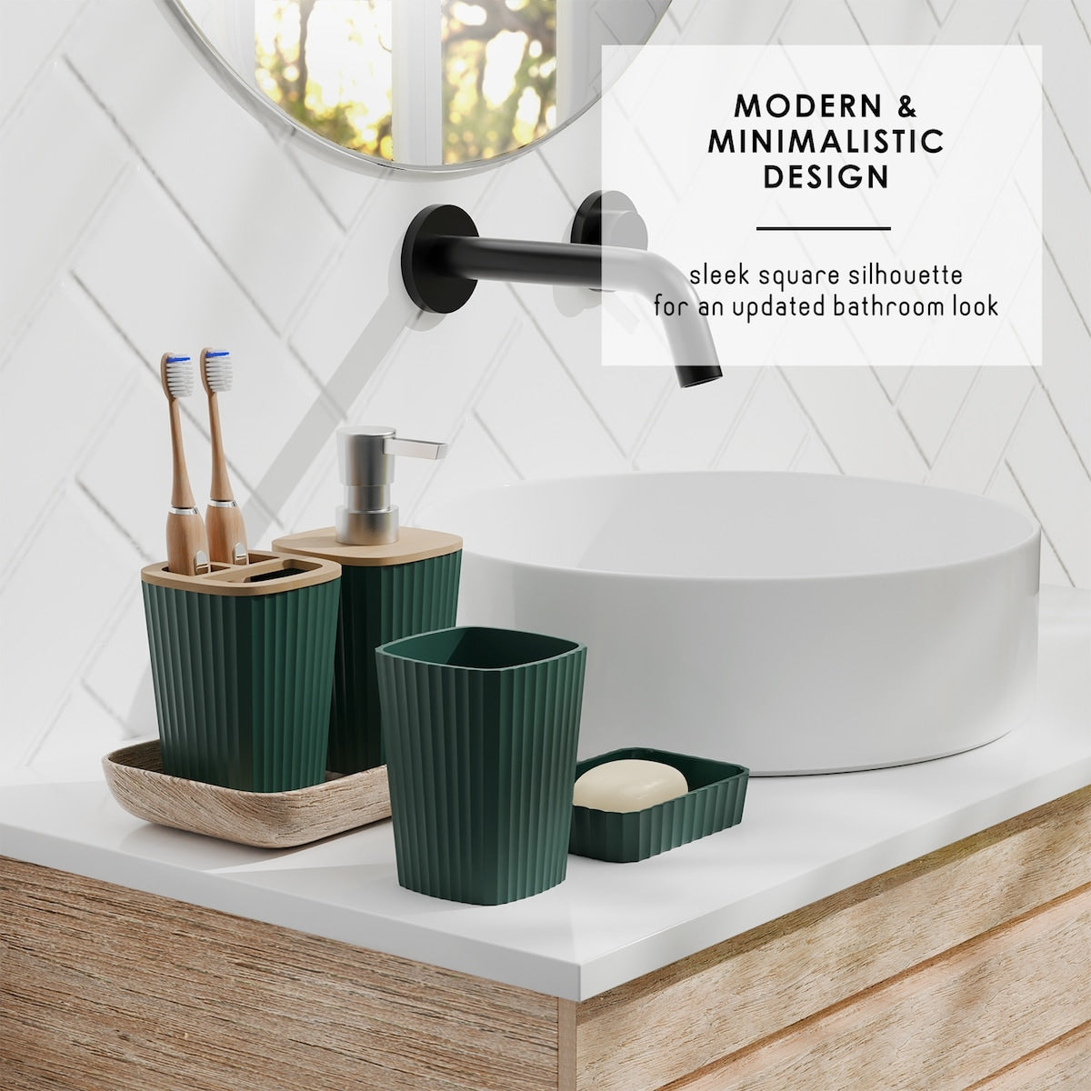 Clara Clark Bamboo Bathroom Accessories Set with Shower Curtain Set, Toilet Brush, Trash Can & Soap Dispenser