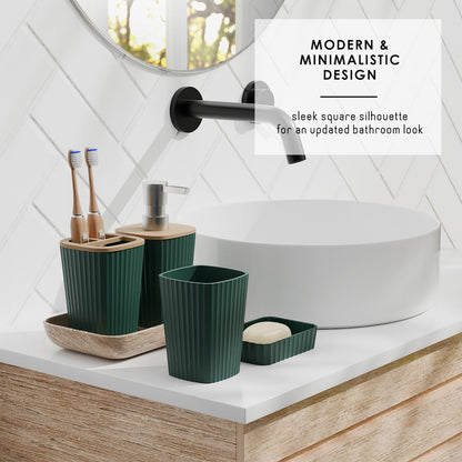 Clara Clark Bamboo Bathroom Accessories Set with Shower Curtain Set, Toilet Brush, Trash Can & Soap Dispenser