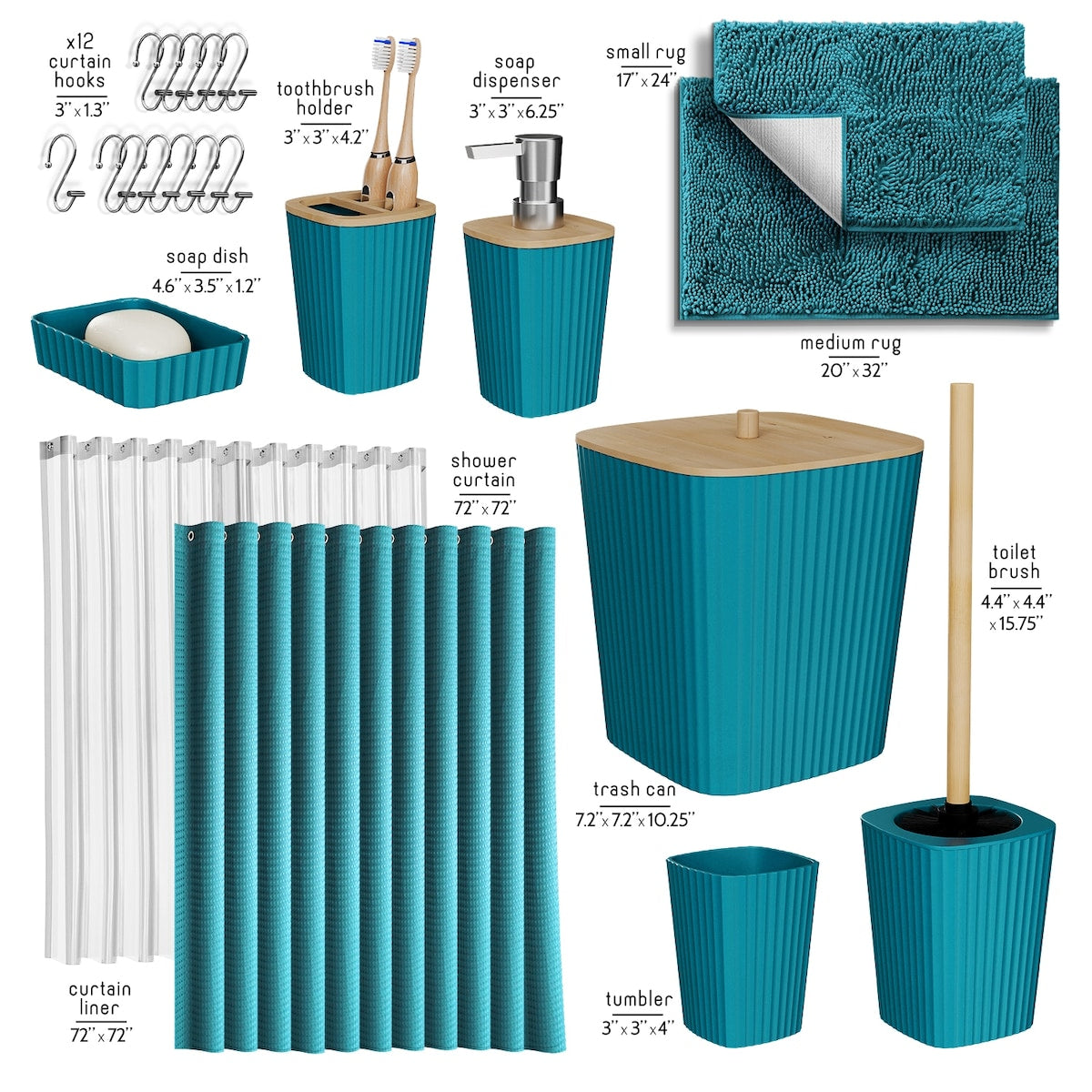 Clara Clark Bamboo Bathroom Accessories Set with Shower Curtain Set, Toilet Brush, Trash Can & Soap Dispenser