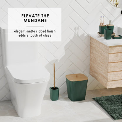 Clara Clark Bamboo Bathroom Accessories Set with Shower Curtain Set, Toilet Brush, Trash Can & Soap Dispenser