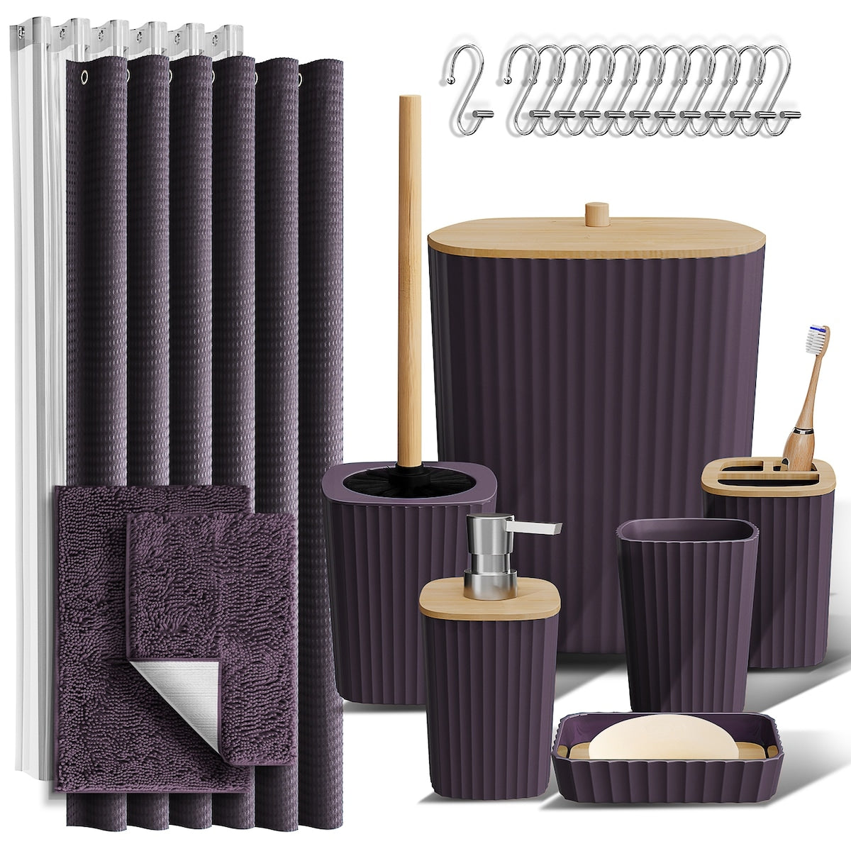 Clara Clark Bamboo Bathroom Accessories Set with Shower Curtain Set, Toilet Brush, Trash Can & Soap Dispenser