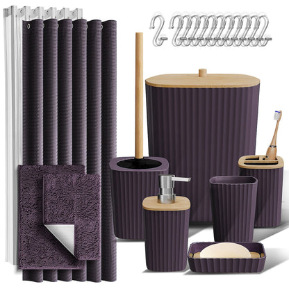 Clara Clark Bamboo Bathroom Accessories Set with Shower Curtain Set, Toilet Brush, Trash Can & Soap Dispenser