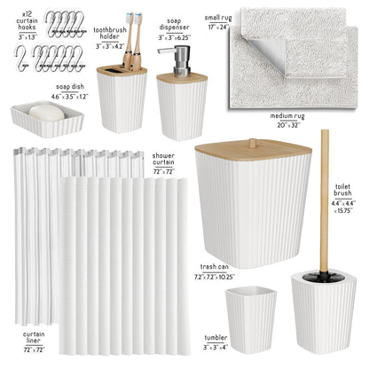 Clara Clark Bamboo Bathroom Accessories Set with Shower Curtain Set, Toilet Brush, Trash Can & Soap Dispenser