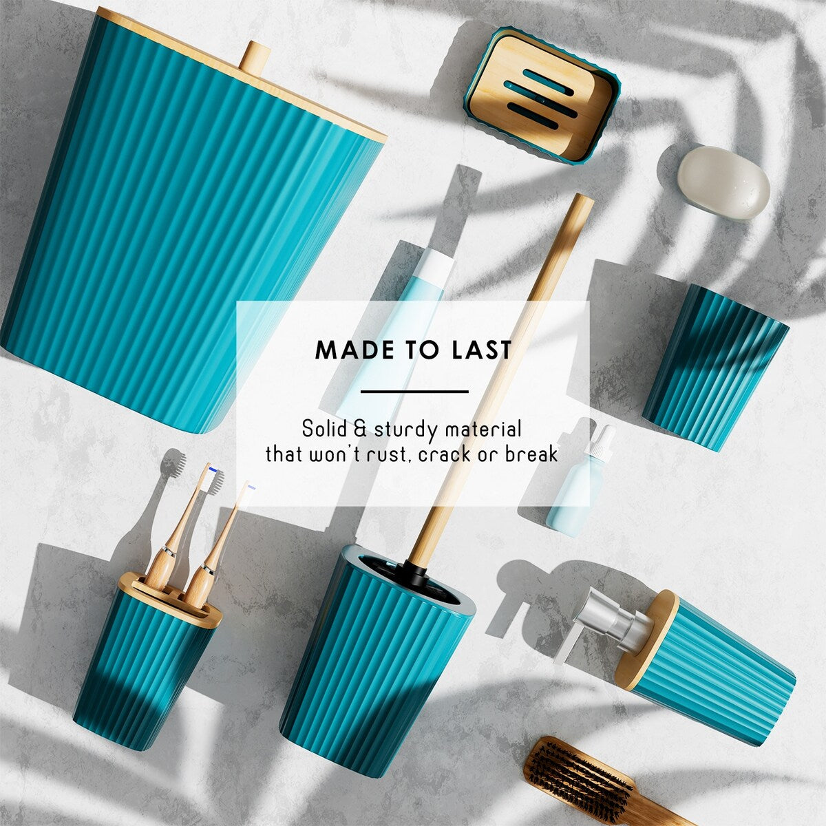 Clara Clark Bamboo Bathroom Accessories Set with Shower Curtain Set, Toilet Brush, Trash Can & Soap Dispenser