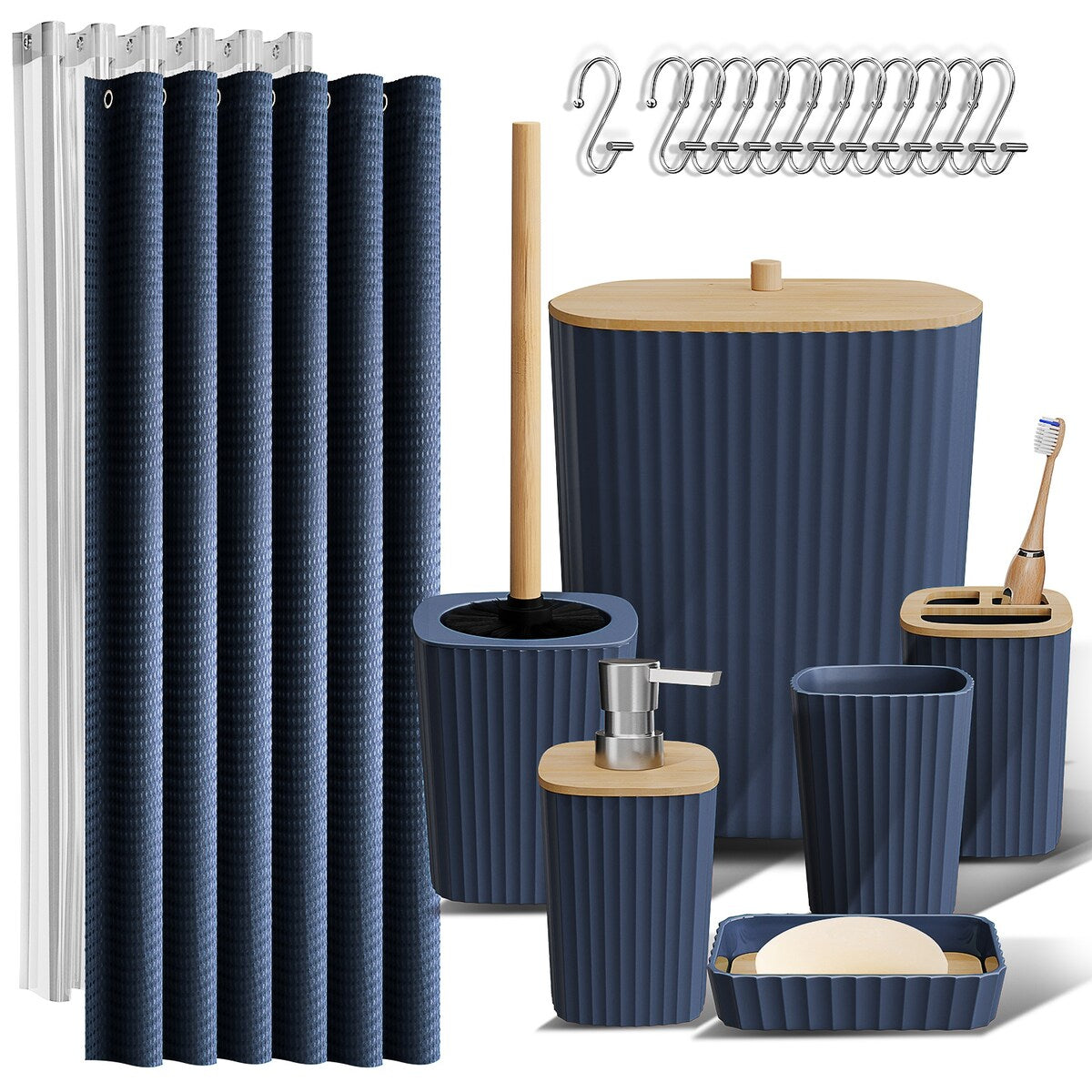 Clara Clark Bamboo Bathroom Accessories Set with Shower Curtain Set, Toilet Brush, Trash Can & Soap Dispenser