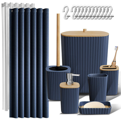 Clara Clark Bamboo Bathroom Accessories Set with Shower Curtain Set, Toilet Brush, Trash Can & Soap Dispenser