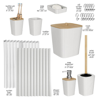Clara Clark Bamboo Bathroom Accessories Set with Shower Curtain Set, Toilet Brush, Trash Can & Soap Dispenser
