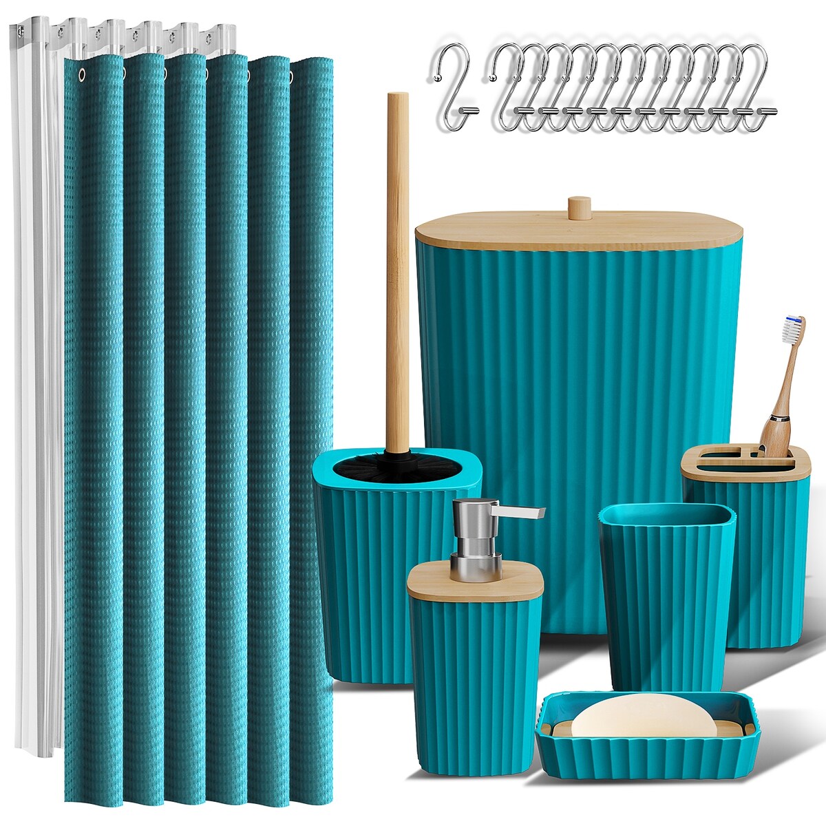 Clara Clark Bamboo Bathroom Accessories Set with Shower Curtain Set, Toilet Brush, Trash Can & Soap Dispenser