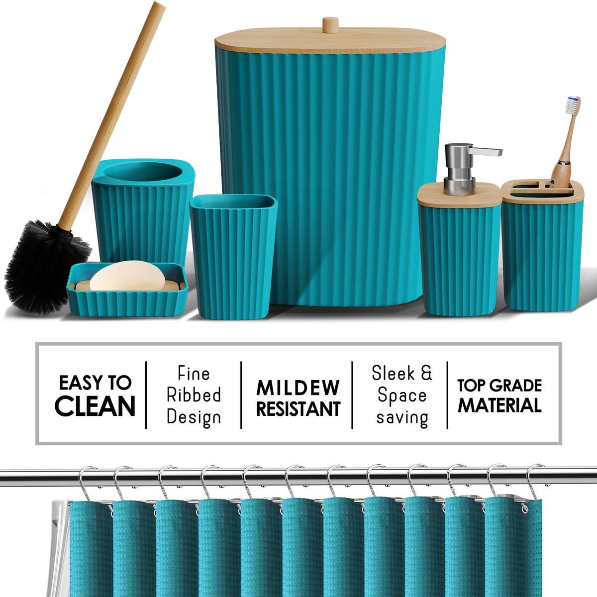 Clara Clark Bamboo Bathroom Accessories Set with Shower Curtain Set, Toilet Brush, Trash Can & Soap Dispenser