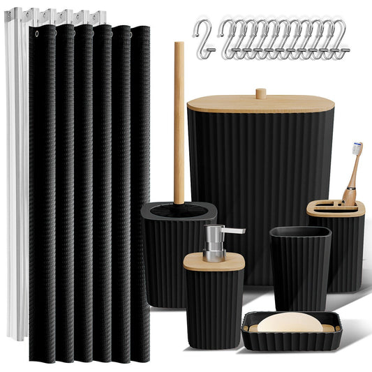 Clara Clark Bamboo Bathroom Accessories Set with Shower Curtain Set, Toilet Brush, Trash Can & Soap Dispenser