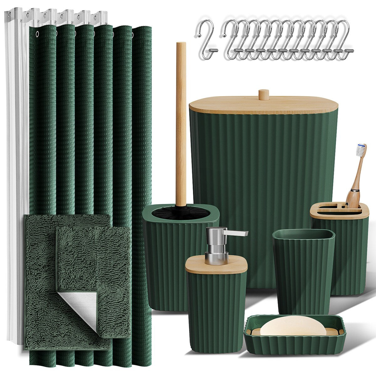 Clara Clark Bamboo Bathroom Accessories Set with Shower Curtain Set, Toilet Brush, Trash Can & Soap Dispenser