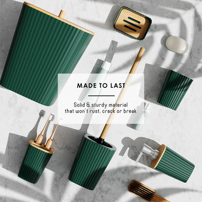 Clara Clark Bamboo Bathroom Accessories Set with Shower Curtain Set, Toilet Brush, Trash Can & Soap Dispenser