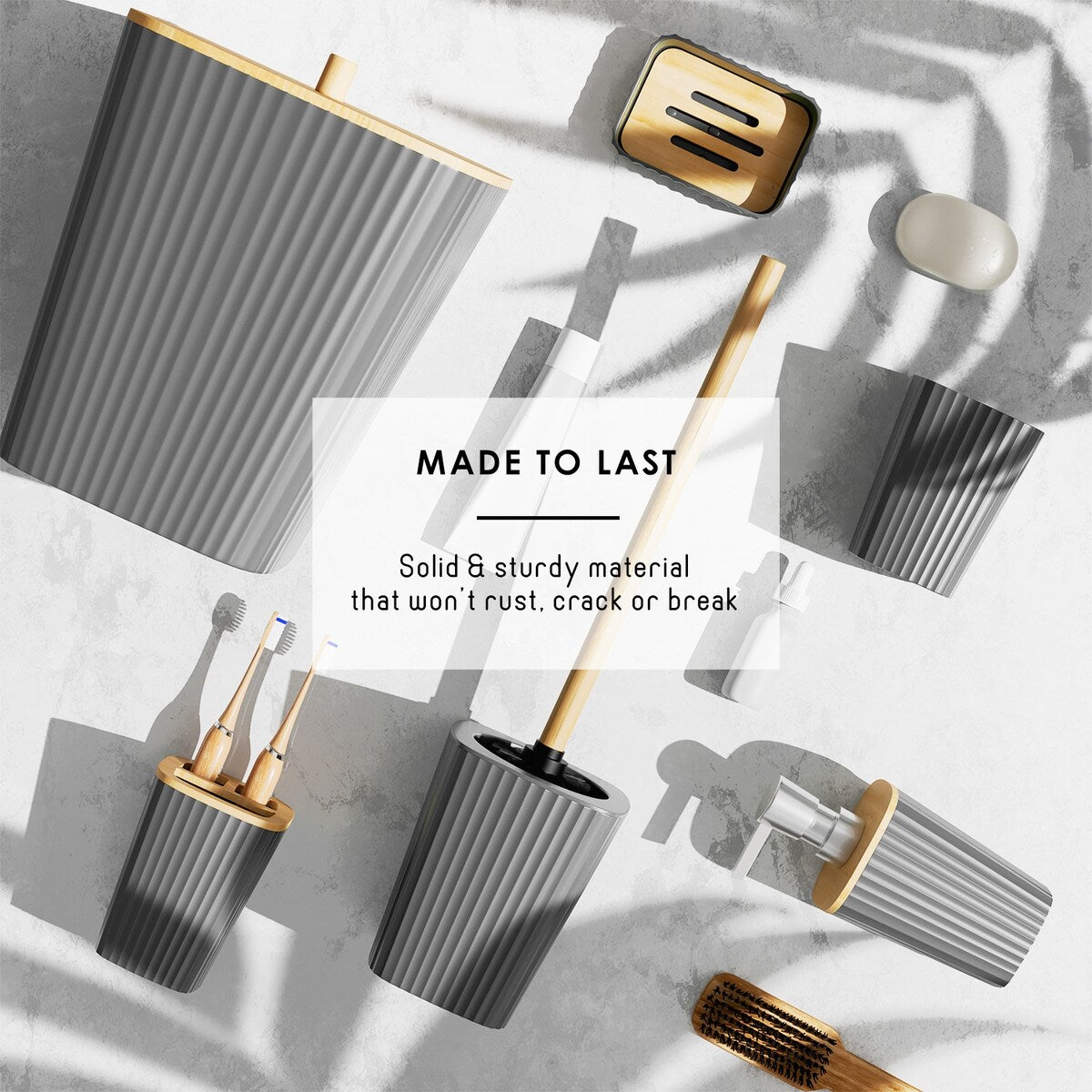 Clara Clark Bamboo Bathroom Accessories Set with Shower Curtain Set, Toilet Brush, Trash Can & Soap Dispenser