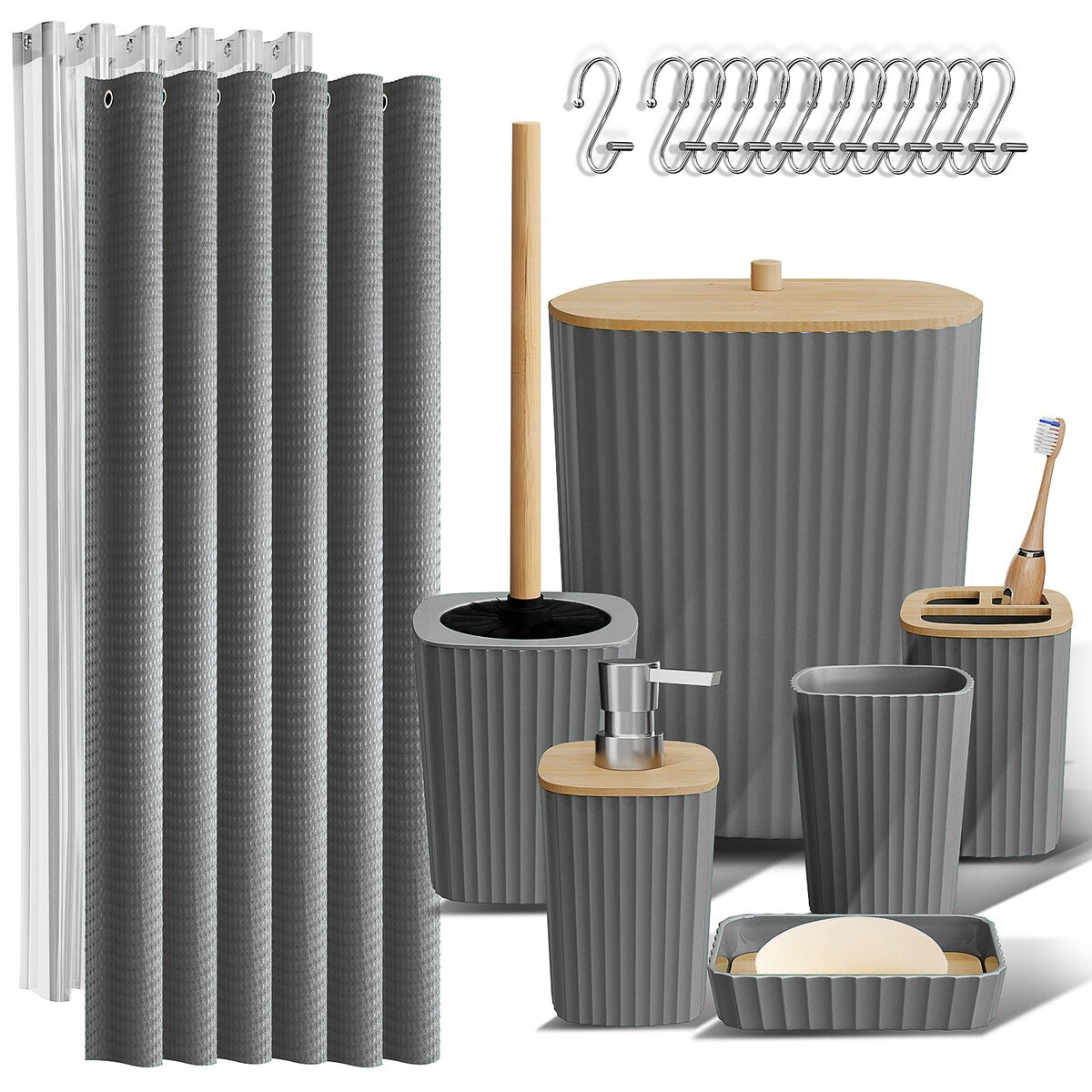 Clara Clark Bamboo Bathroom Accessories Set with Shower Curtain Set, Toilet Brush, Trash Can & Soap Dispenser