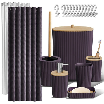 Clara Clark Bamboo Bathroom Accessories Set with Shower Curtain Set, Toilet Brush, Trash Can & Soap Dispenser