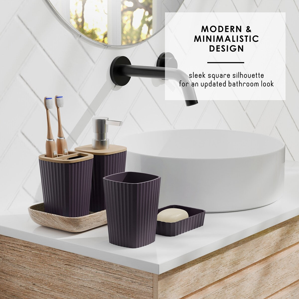 Clara Clark Bamboo Bathroom Accessories Set with Shower Curtain Set, Toilet Brush, Trash Can & Soap Dispenser