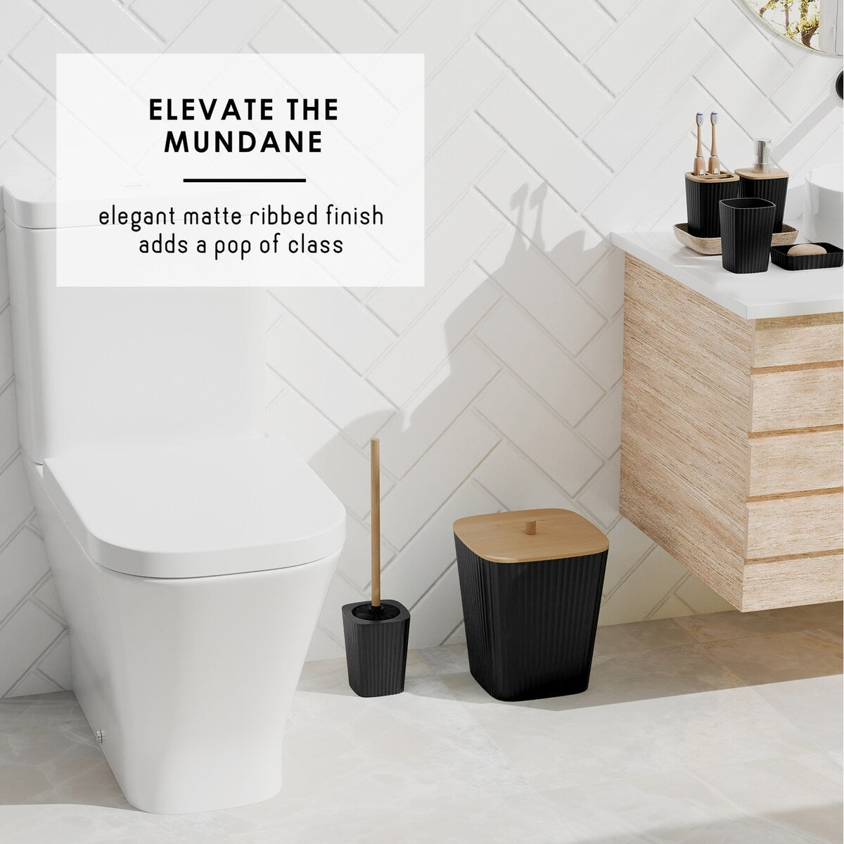 Clara Clark Bamboo Bathroom Accessories Set with Shower Curtain Set, Toilet Brush, Trash Can & Soap Dispenser