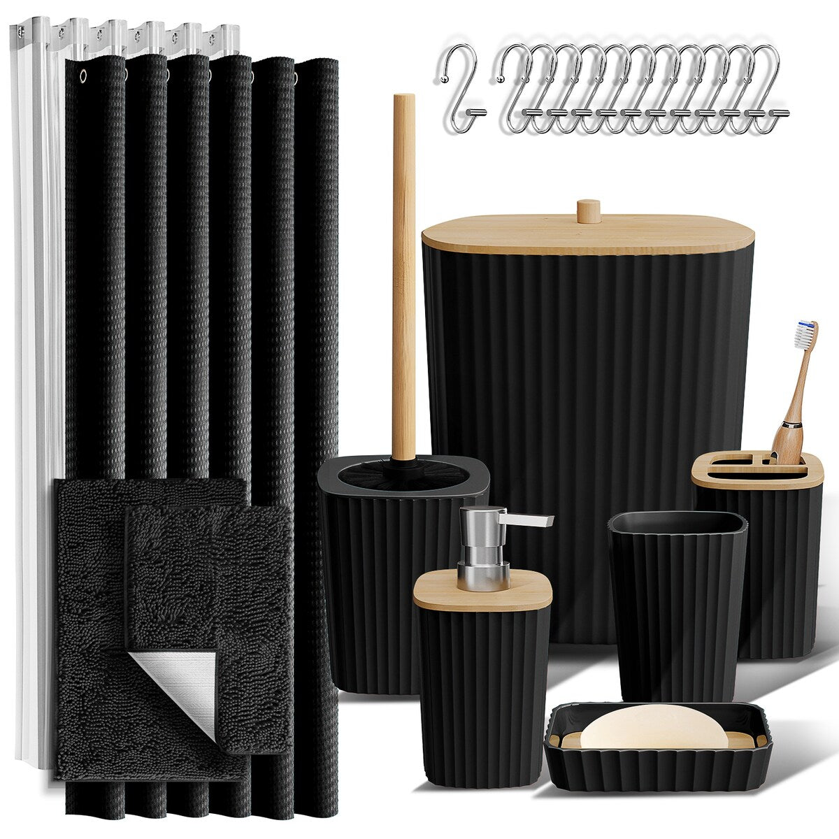 Clara Clark Bamboo Bathroom Accessories Set with Shower Curtain Set, Toilet Brush, Trash Can & Soap Dispenser