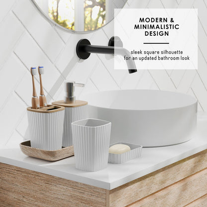 Clara Clark Bamboo Bathroom Accessories Set with Shower Curtain Set, Toilet Brush, Trash Can & Soap Dispenser