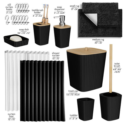Clara Clark Bamboo Bathroom Accessories Set with Shower Curtain Set, Toilet Brush, Trash Can & Soap Dispenser