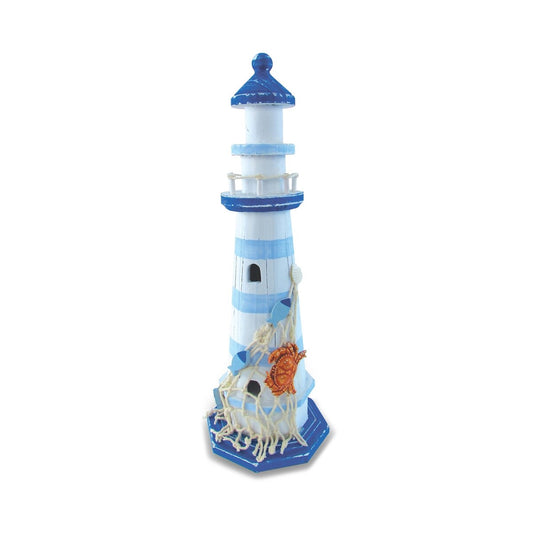 CoTa Global Light Blue Striped Lighthouse with Crab and Fishnet Decor - ‎4 x 4 x 12.25 inches