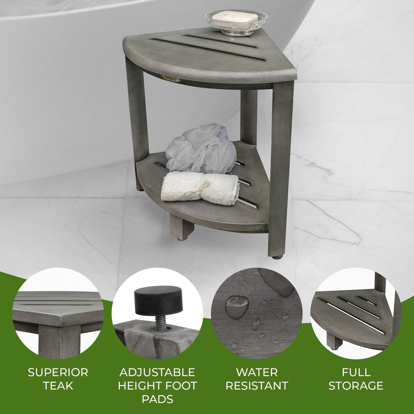 CoastalVogue, Teak Corner Shower Shelf, Shower Stool for Shaving Legs, Shower Foot Stool, Teak Shower Stool, Corner Shower Stool