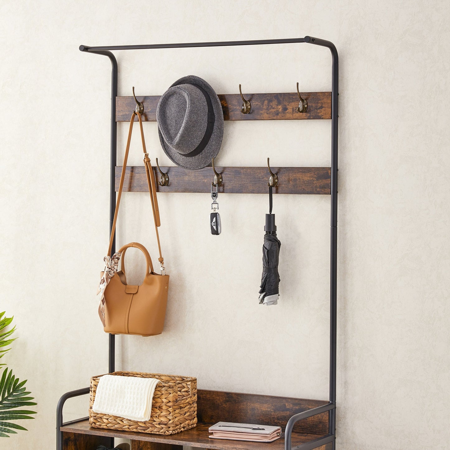 Coat Rack with Shoe Rack for Entryway, 3-in-1 with 7 Hooks, a Hanging Rod