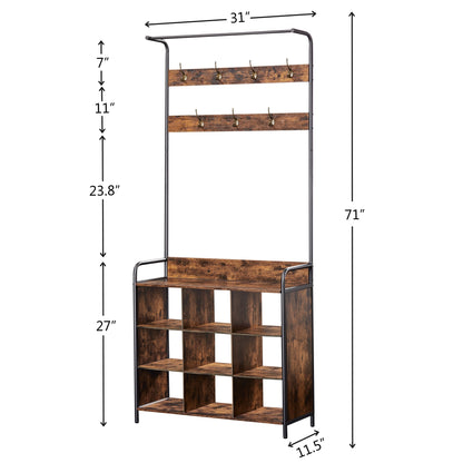 Coat Rack with Shoe Rack for Entryway, 3-in-1 with 7 Hooks, a Hanging Rod