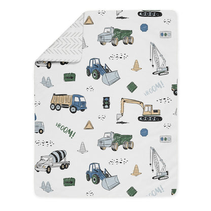 Construction Truck Collection Boy 5pc Toddler-size Comforter Set - Grey Yellow Black Blue and Green Transportation Chevron Arrow
