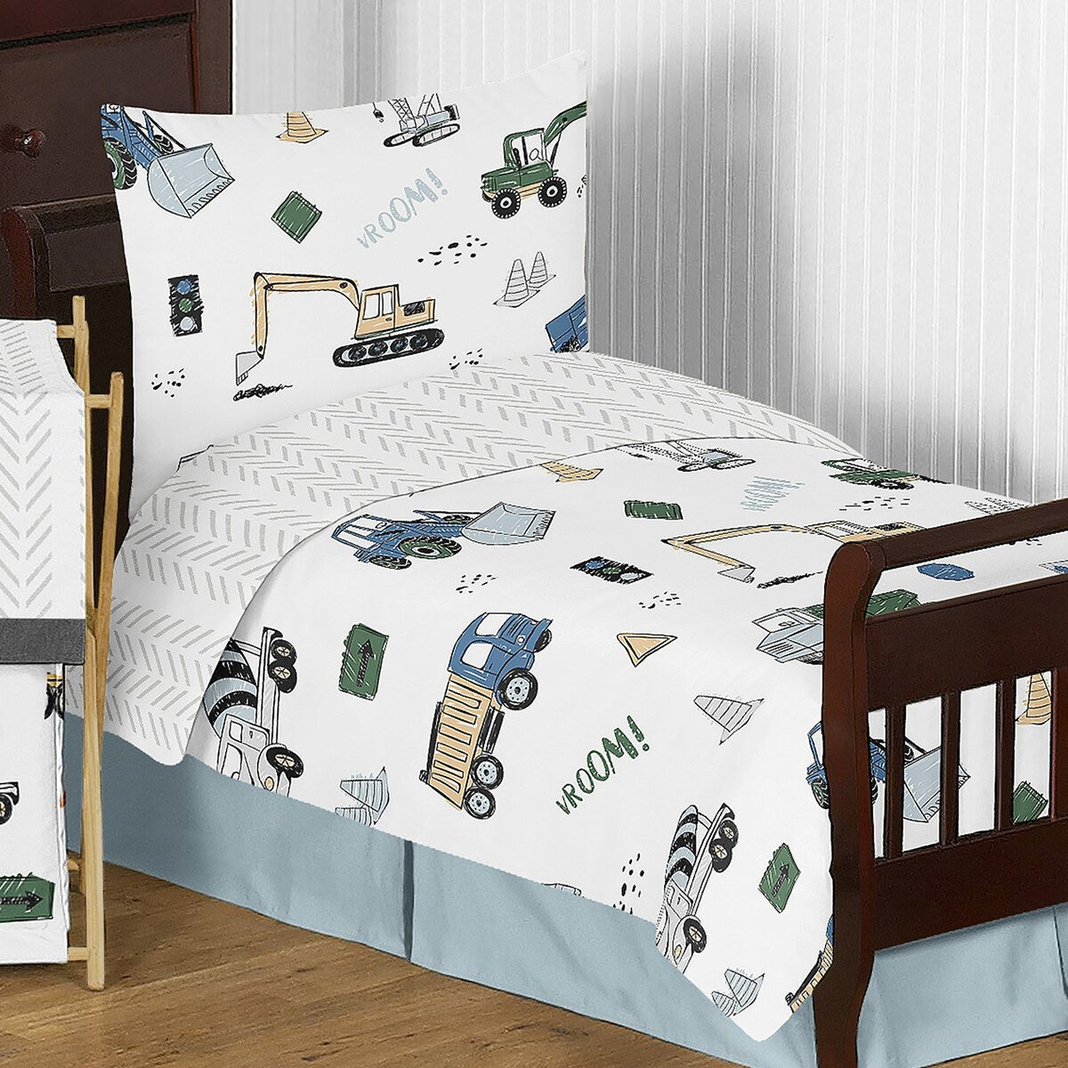 Construction Truck Collection Boy 5pc Toddler-size Comforter Set - Grey Yellow Black Blue and Green Transportation Chevron Arrow