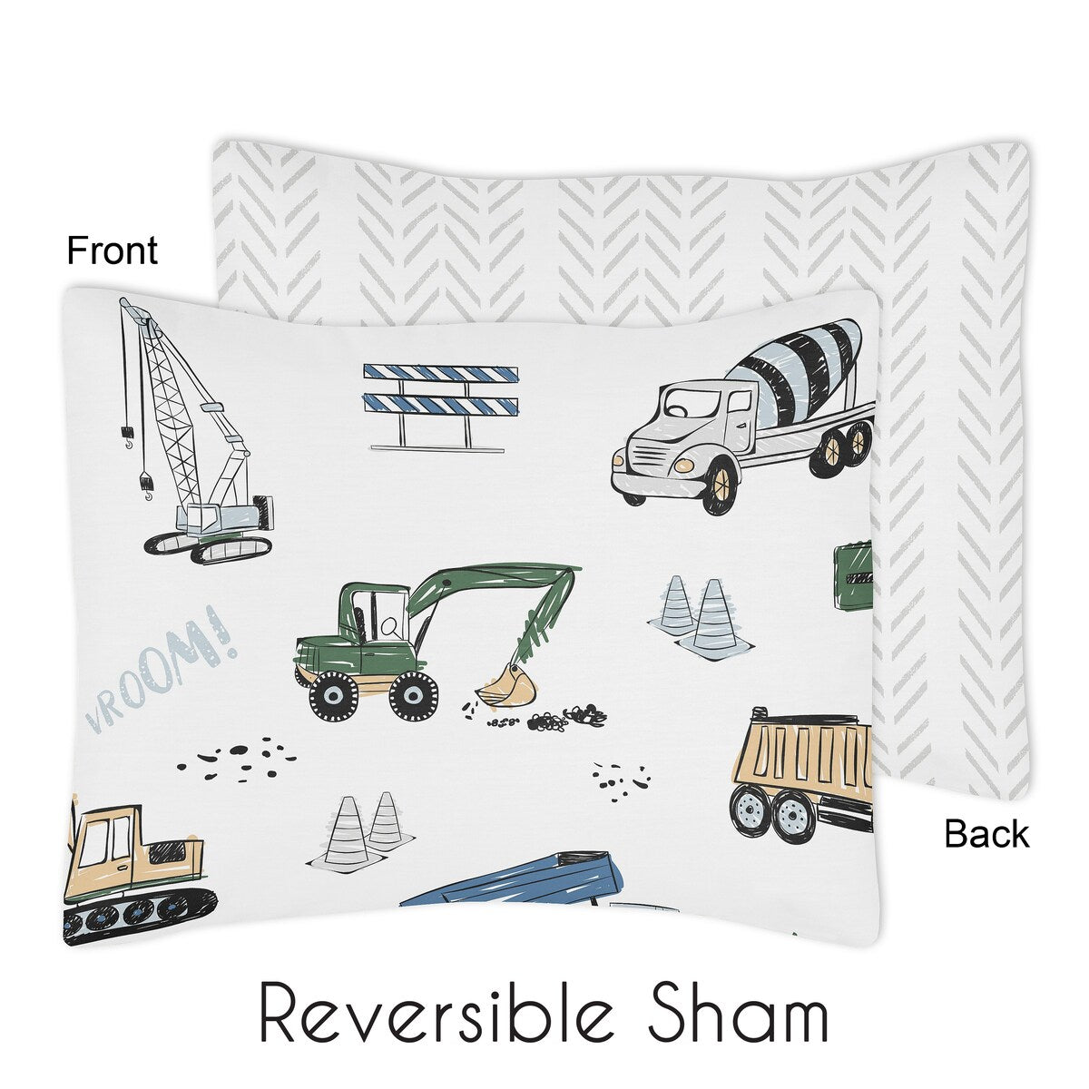 Construction Truck Collection Boy 5pc Toddler-size Comforter Set - Grey Yellow Black Blue and Green Transportation Chevron Arrow