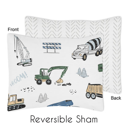 Construction Truck Collection Boy 5pc Toddler-size Comforter Set - Grey Yellow Black Blue and Green Transportation Chevron Arrow