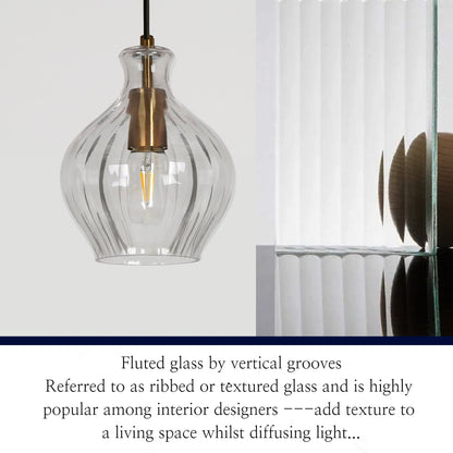 Coria Mid-century Modern Brass Pendant Light 1-Light Chic Dimmable Kitchen Island Lamp Fluted Glass Dining Room