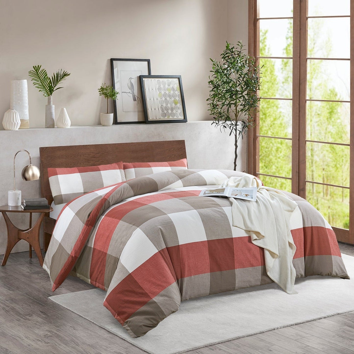 Cotton Plaid Windowpane Check 3-piece Duvet Cover Set