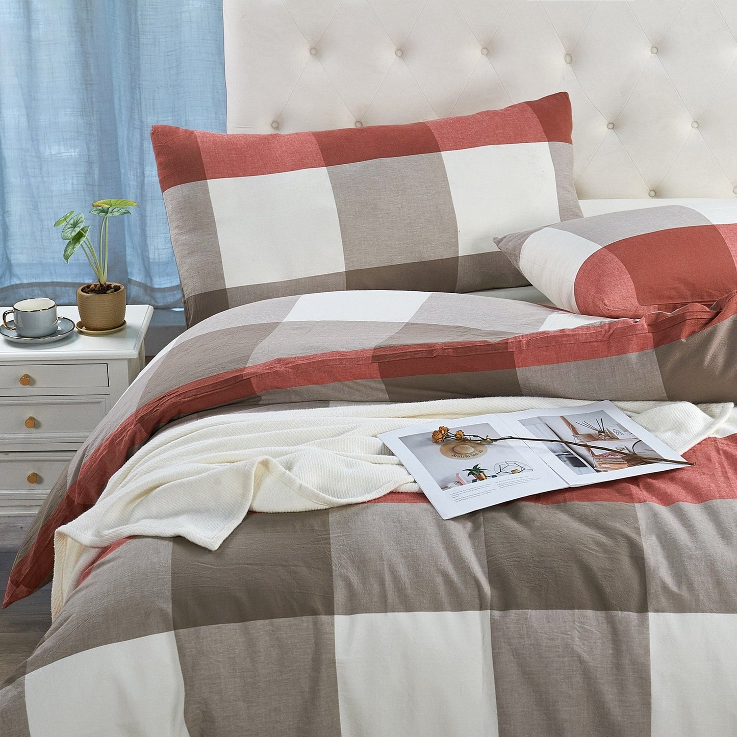 Cotton Plaid Windowpane Check 3-piece Duvet Cover Set