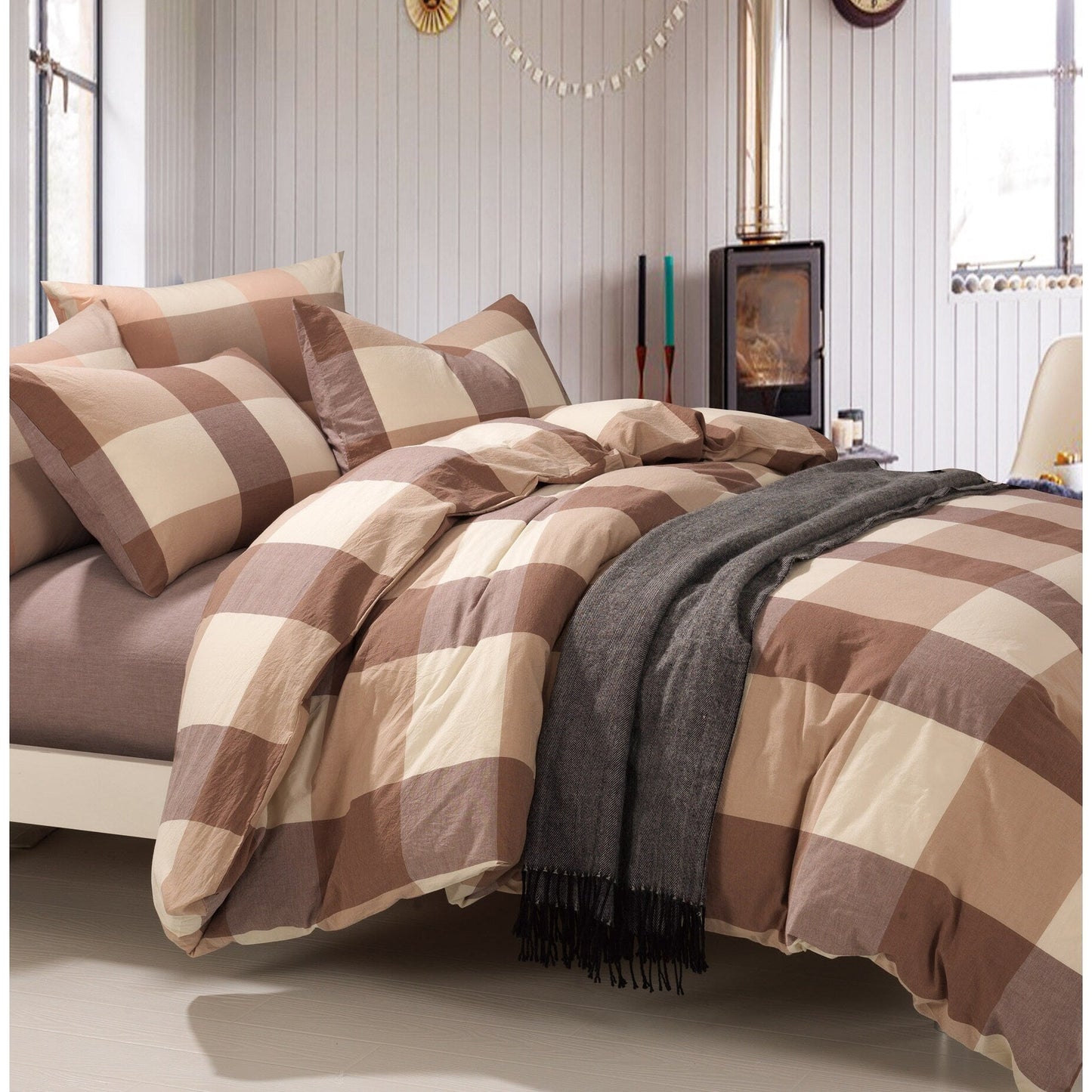 Cotton Plaid Windowpane Check 3-piece Duvet Cover Set
