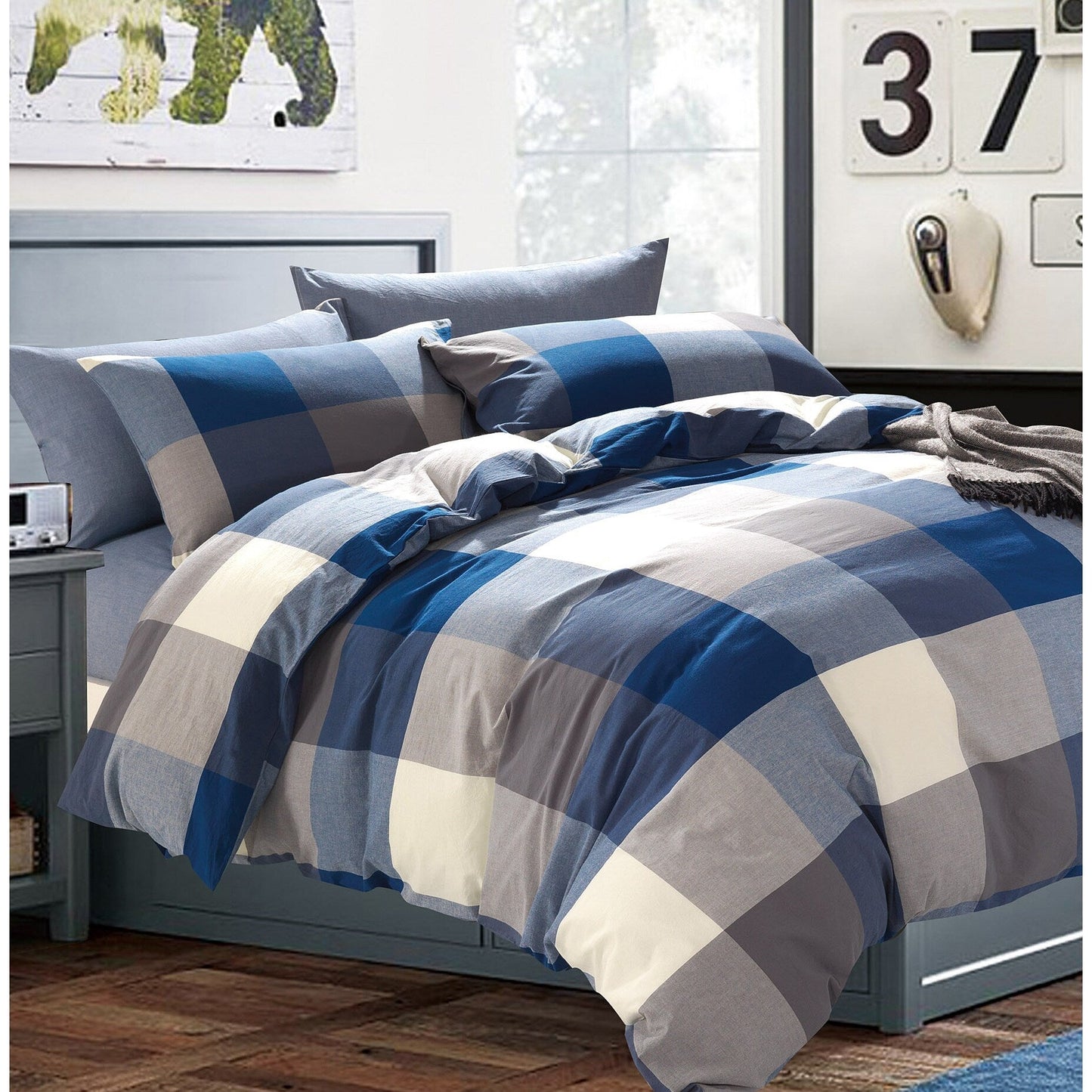Cotton Plaid Windowpane Check 3-piece Duvet Cover Set