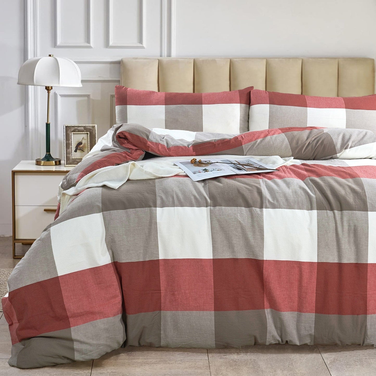 Cotton Plaid Windowpane Check 3-piece Duvet Cover Set