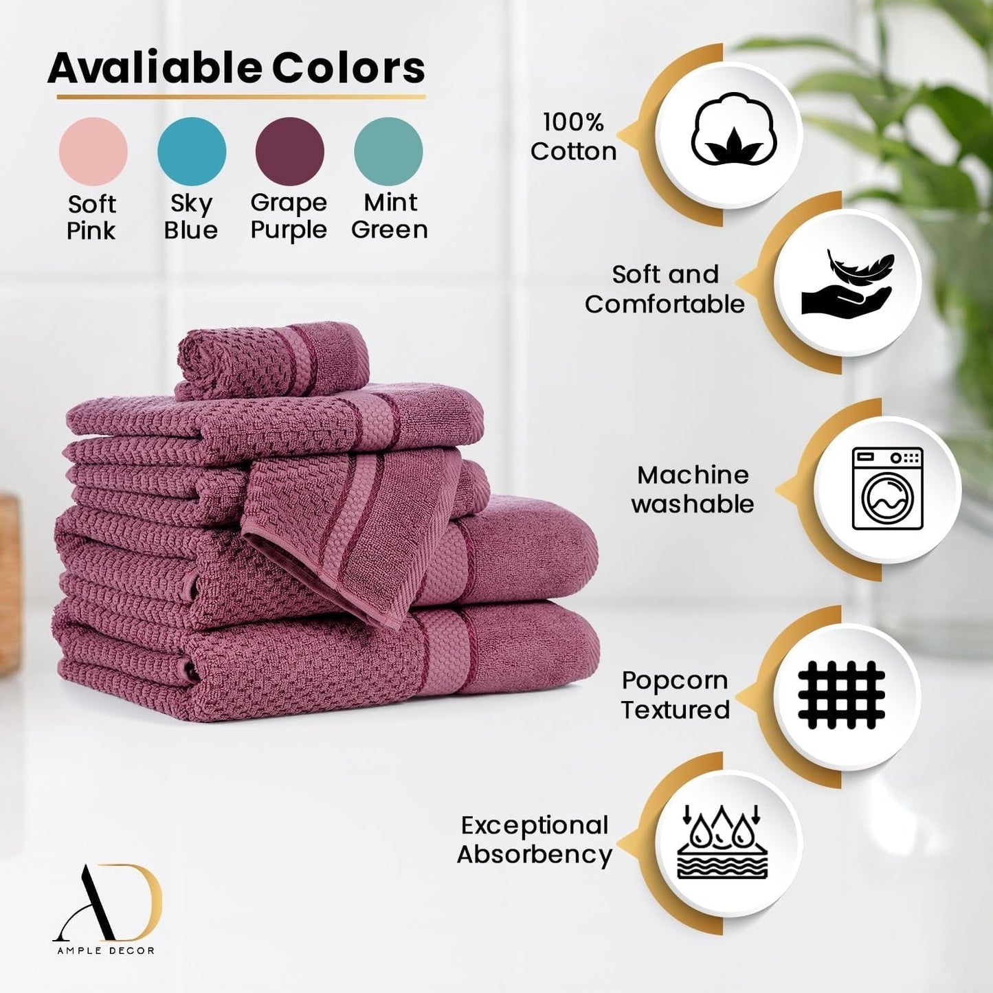 Towel Set of 6 Cotton Popcorn Textured by Ample Decor - 2Bath, 2Hand, 2Wash