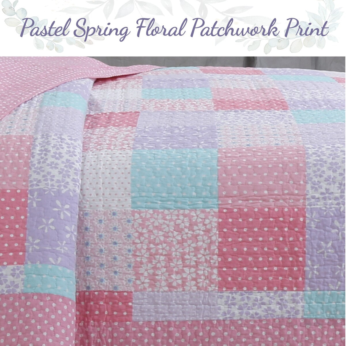 Cozy Line Angelina Floral Pink Patchwork Reversible Cotton Quilt Bedding Set