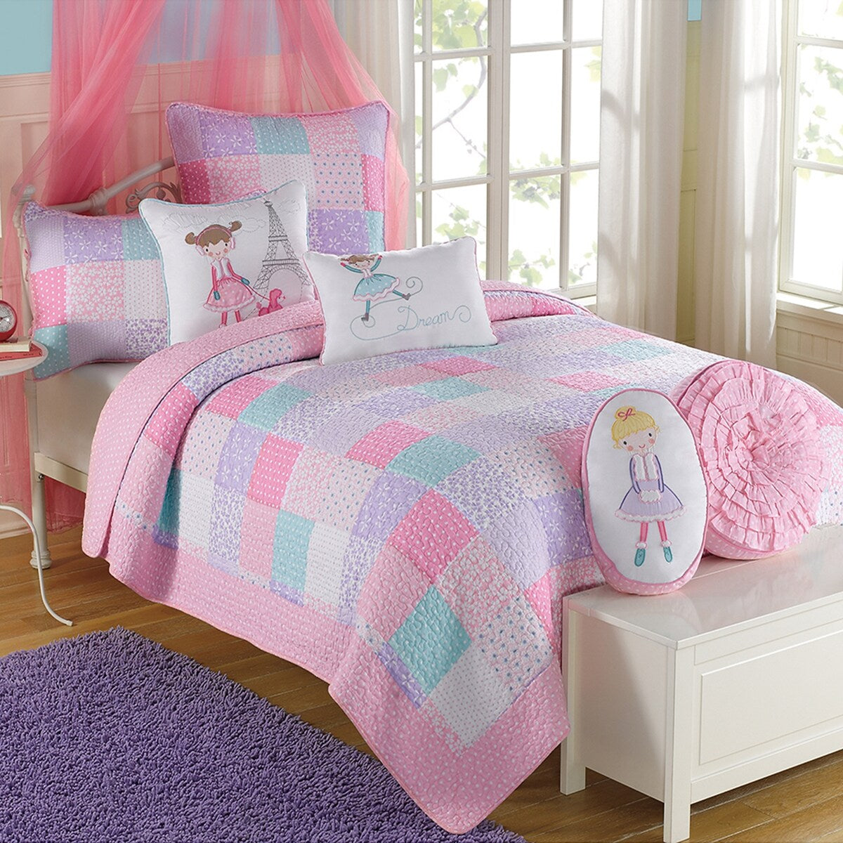 Cozy Line Angelina Floral Pink Patchwork Reversible Cotton Quilt Bedding Set