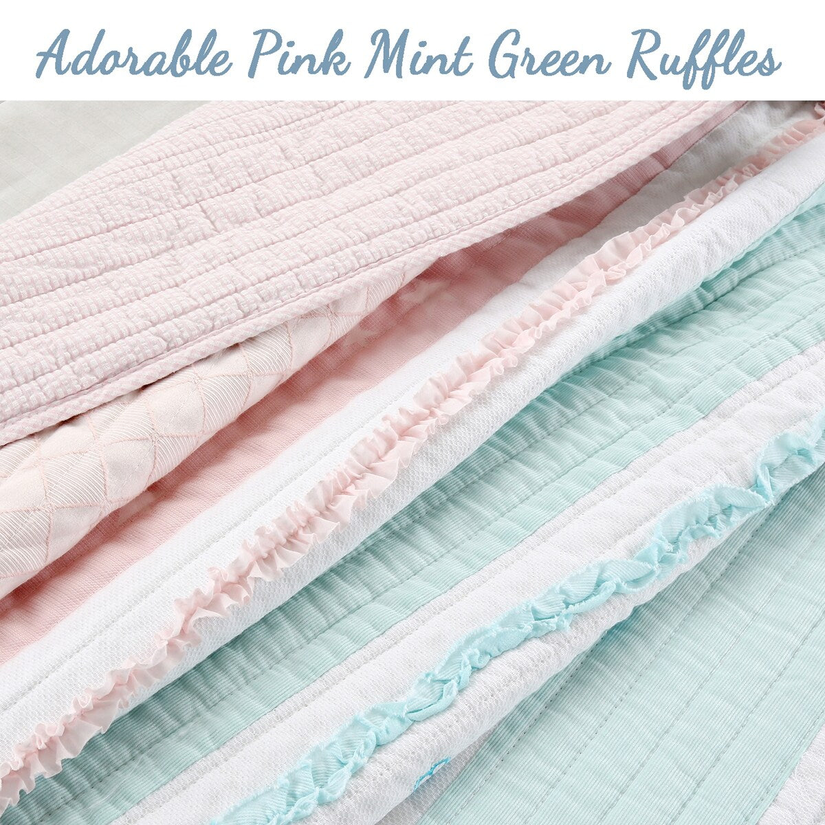 Cozy Line Home Fashions Pastel Stripped Star Ruffle Embroidered Floral Light Pink Peach Blue White Cotton Quilt Bedding Set